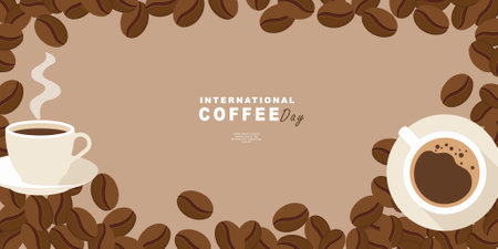 International Coffee Day banner, 1st October holiday. Geometric simple minimalistic horizontal greeting flat style for banner, poster, background. Vector illustration.のイラスト素材
