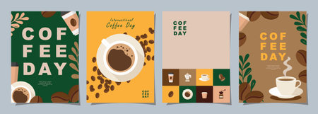 Set of sketch banners with coffee beans and leaves on minimal background for invitations, cards, banner, poster, cover, cafe menu or another template design. vector illustration.のイラスト素材