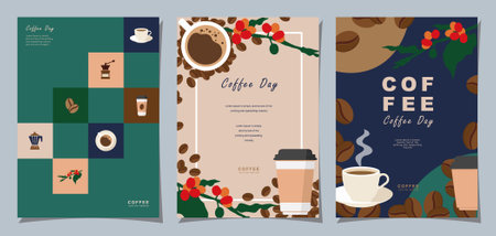 Set of sketch banners with coffee beans and leaves on minimal background for invitations, cards, banner, poster, cover, cafe menu or another template design. vector illustration.のイラスト素材