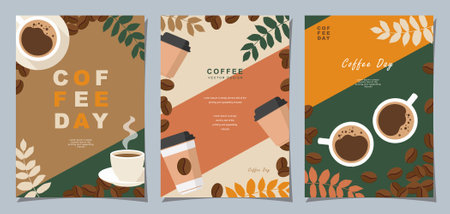 Set of sketch banners with coffee beans and leaves on minimal background for invitations, cards, banner, poster, cover, cafe menu or another template design. vector illustration.のイラスト素材