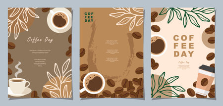 Set of sketch banners with coffee beans and leaves on minimal background for invitations, cards, banner, poster, cover, cafe menu or another template design. vector illustration.のイラスト素材