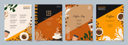 Set of sketch banners with coffee beans and leaves on minimal background for invitations, cards, banner, poster, cover, cafe menu or another template design. vector illustration.のイラスト素材