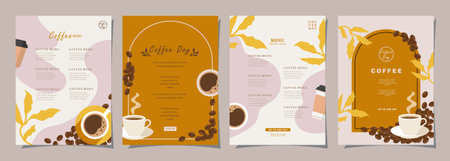Set of sketch banners with coffee beans and leaves on minimal background for invitations, cards, banner, poster, cover, cafe menu or another template design. vector illustration.のイラスト素材