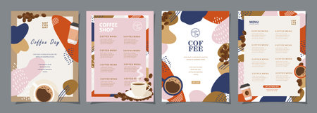Set of sketch banners with coffee beans and leaves on minimal background for invitations, cards, banner, poster, cover, cafe menu or another template design. vector illustration.のイラスト素材