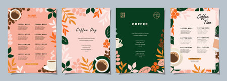 Set of sketch banners with coffee beans and leaves on minimal background for invitations, cards, banner, poster, cover, cafe menu or another template design. vector illustration.のイラスト素材