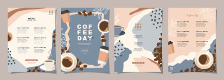 Set of sketch banners with coffee beans and leaves on minimal background for invitations, cards, banner, poster, cover, cafe menu or another template design. vector illustration.のイラスト素材