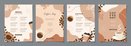 Set of sketch banners with coffee beans and leaves on minimal background for invitations, cards,...