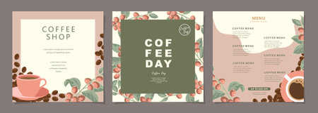 Set of sketch banners with coffee beans and leaves on minimal background for invitations, cards, banner, poster, cover, cafe menu or another template design. vector illustration.のイラスト素材