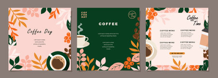 Set of sketch banners with coffee beans and leaves on minimal background for invitations, cards, banner, poster, cover, cafe menu or another template design. vector illustration.のイラスト素材