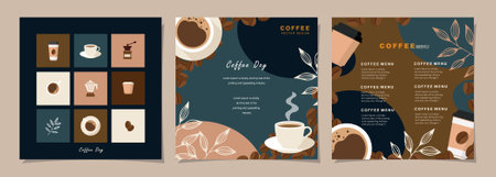 Set of sketch banners with coffee beans and leaves on minimal background for invitations, cards, banner, poster, cover, cafe menu or another template design. vector illustration.のイラスト素材
