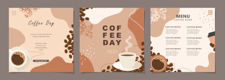 Set of sketch banners with coffee beans and leaves on minimal background for invitations, cards, banner, poster, cover, cafe menu or another template design. vector illustration.のイラスト素材