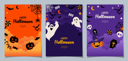 Halloween banners set, party invitation background with clouds, bats and pumpkins in flat design for banner, cover, printing and social media post. Vector illustration.のイラスト素材