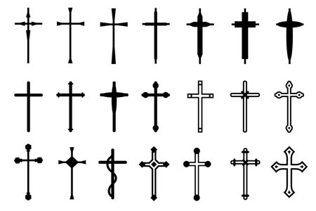 Decorative crucifix religion catholic symbol, Christian crosses. orthodox faith church cross icons design, isolated flat set. vector illustration.のイラスト素材