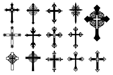 Decorative crucifix religion catholic symbol, Christian crosses. orthodox faith church cross icons design, isolated flat set. vector illustration.のイラスト素材
