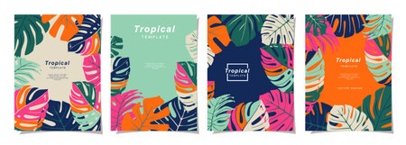Tropical template vector set for poster, card, cover, label, banner in modern minimalist style and simple summer design templates with tropical leaves, flower, and plants.のイラスト素材