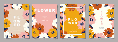 Floral template set for invitation, poster, card, cover, label, banner in modern minimalist style...