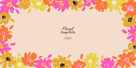 Floral template for poster, card, cover, label, backdrop, background, banner in modern minimalist style and simple summer design templates with flowers and plants.のイラスト素材