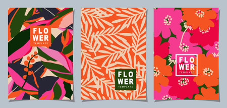Floral template set for invitation, poster, card, cover, label, banner in modern minimalist style and simple summer design templates with flowers and plants.のイラスト素材