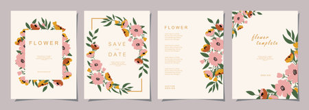 Floral template set for poster, card, cover, label, banner, invitation in beautiful luxury botanical style and Elegant garden vector design templates with flowers and plants.のイラスト素材