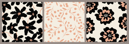Set of flower seamless background. Minimalistic abstract floral pattern. Modern print in black and white background. Ideal for textile design, wallpaper, covers, cards, invitationsのイラスト素材