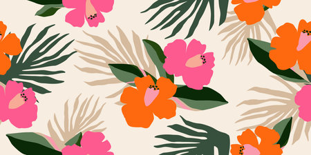Hand drawn tropical flowers, seamless patterns with floral for fabric, textiles, clothing, wrapping...