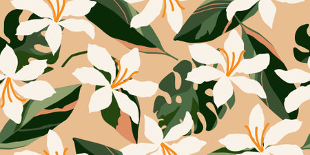 Hand drawn tropical flowers, seamless patterns with floral for fabric, textiles, clothing, wrapping paper, cover, banner, interior decor, abstract backgrounds. vector illustration.のイラスト素材
