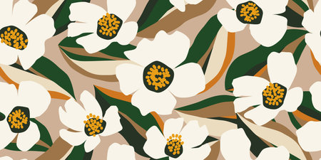 Hand drawn tropical flowers, seamless patterns with floral for fabric, textiles, clothing, wrapping paper, cover, banner, interior decor, abstract backgrounds. vector illustration.のイラスト素材