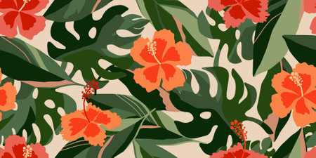 Hand drawn tropical flowers, seamless patterns with floral for fabric, textiles, clothing, wrapping paper, cover, banner, interior decor, abstract backgrounds. vector illustration.のイラスト素材
