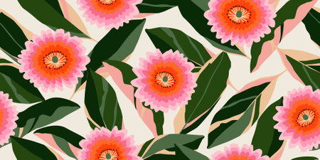 Hand drawn tropical flowers, seamless patterns with floral for fabric, textiles, clothing, wrapping paper, cover, banner, interior decor, abstract backgrounds. vector illustration.のイラスト素材