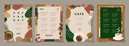 Set of sketch banners with coffee beans and leaves on minimal background for invitations, cards, banner, poster, cover, cafe menu or another template design. vector illustration.のイラスト素材