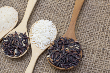 Thailand sticky rice on the wooden spoon.の写真素材