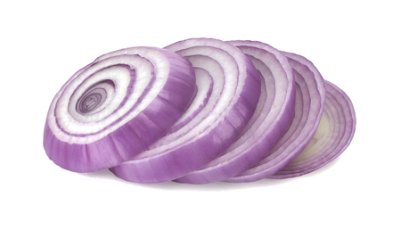 red onion slices on white backgroundの写真素材