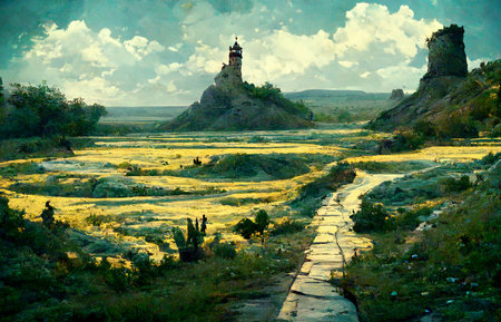 A scene of the land with a tower on a mountain in the distance.の写真素材
