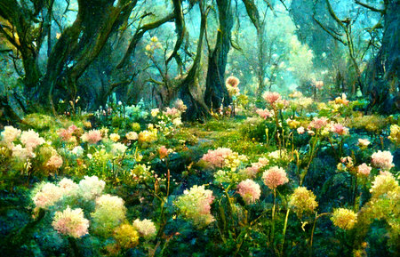 Illustration of a flower garden and forest with various flowers in bloom.の写真素材