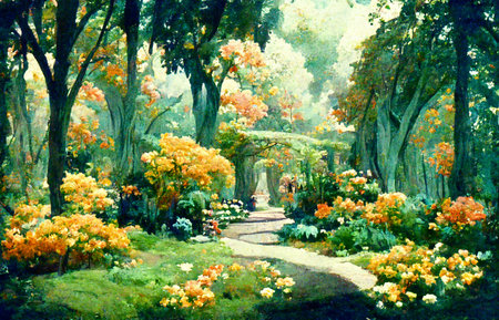 Illustration of a beautifully maintained English garden in a watercolor style.の写真素材