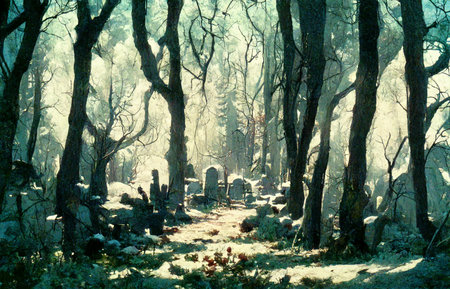 Illustration depicting a cemetery in a beautiful forest.