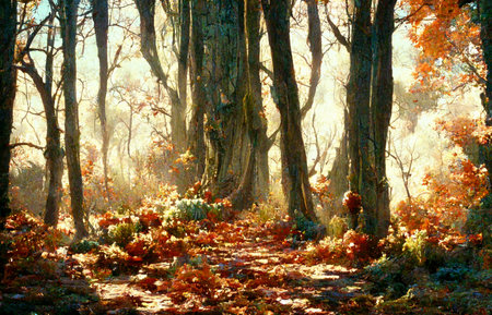 In the forest in autumn with beautiful fallen leaves.の写真素材