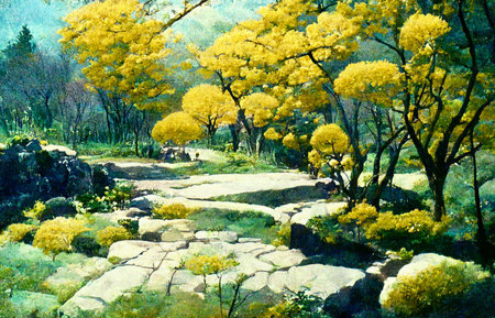 A view of a rock garden with yellow-tinted trees.の写真素材