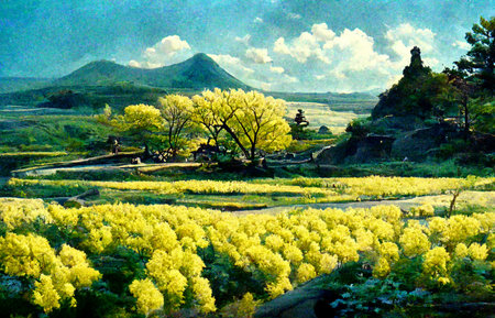 Landscape with yellow flower garden and yellow colored trees.の写真素材
