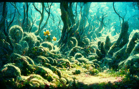 A fantastic forest scene with mysterious plants growing.の写真素材