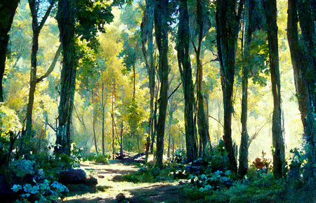 A scene in a forest with beautiful flowers seen in a rough forest.の写真素材