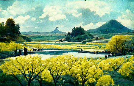 Landscape of Japanese countryside with yellow trees and flowers.の写真素材
