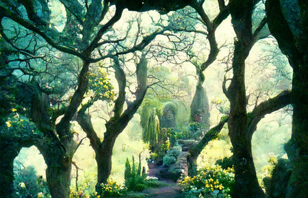 Illustration of a path and stone monument deep in the forest.の写真素材