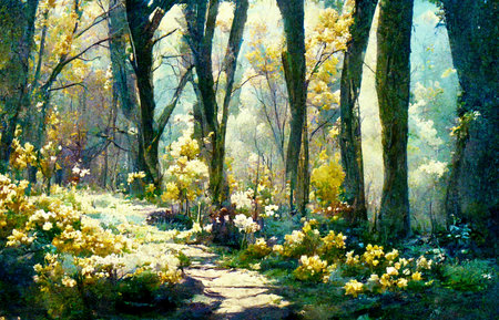 Stone-paved pathway surrounded by yellow flowers and treesの写真素材