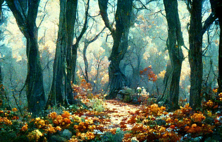 A scene in a forest with autumn leaves shrubs.の写真素材