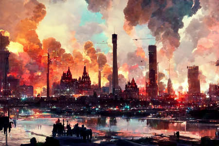 An evening scene of an industrial city with a lake.の写真素材