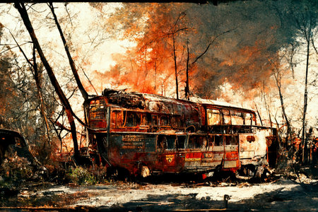 A scene with an abandoned and decaying bus.の写真素材