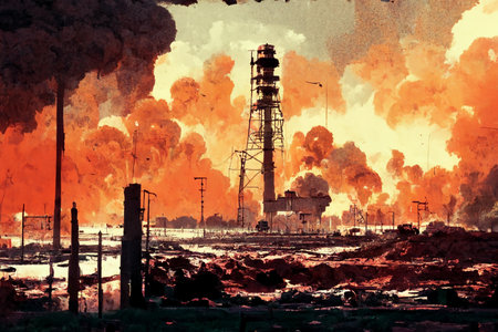 A view of a city that has been mostly destroyed by fire.の写真素材