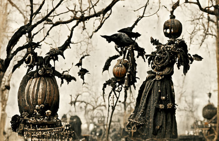 Vintage-style illustration of a row of Halloween decorations and scarecrows.の写真素材