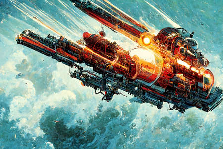 CG illustration of a fictitious space battleship flying in the sky.の写真素材